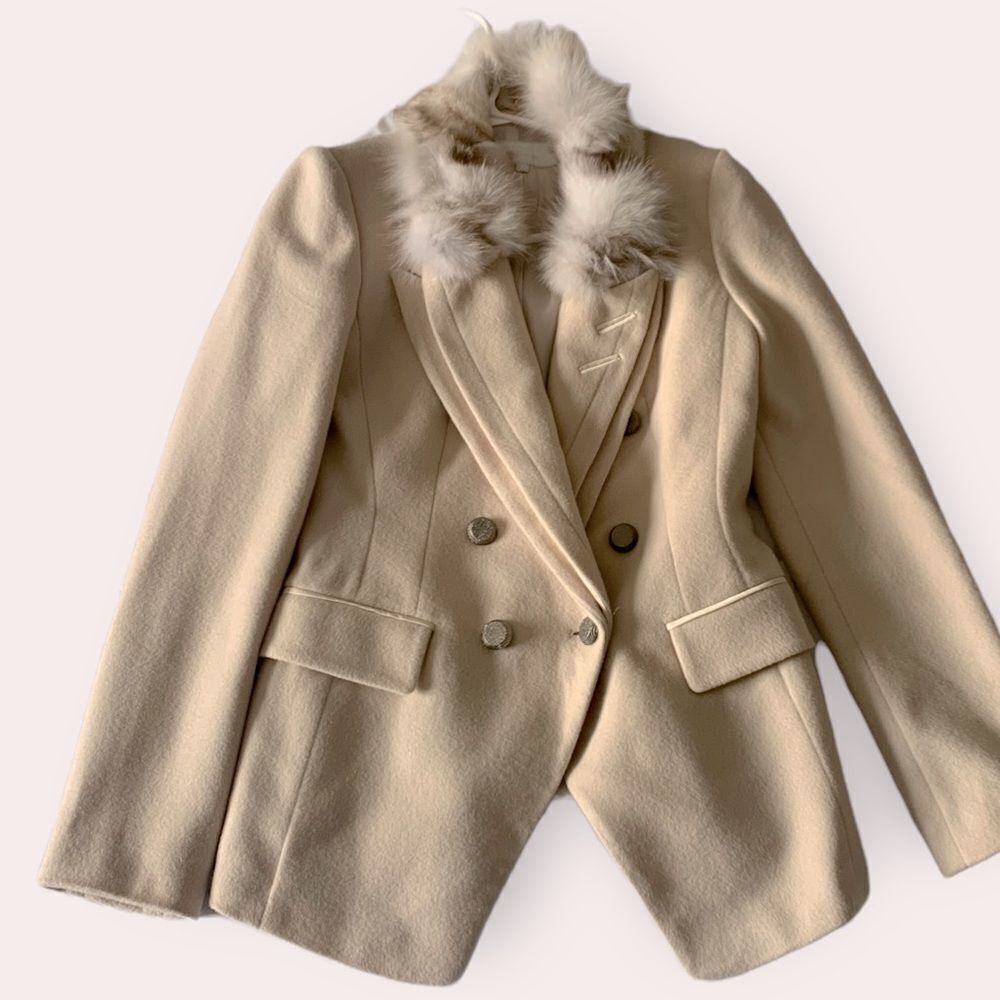 VOV Lux Wool Blazer Removable Fur 💯 wool Slim Fit Jacket Off-white Cream  Sz XS